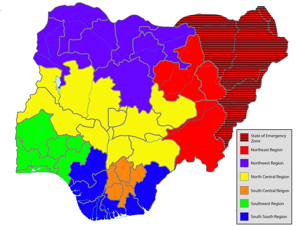 карта на Нигерия с посочване на всички държави