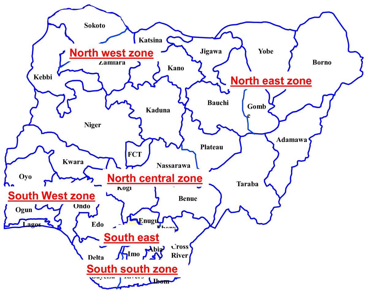 карта на Нигерия с посочване на шест геополитически зони