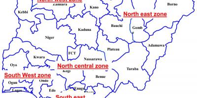 Карта на Нигерия с посочване на шест геополитически зони