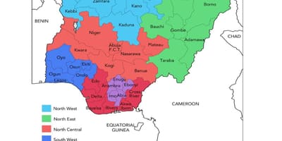 Карта на Нигерия с посочване на геополитически зони