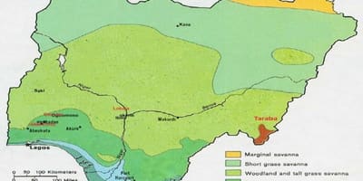 Карта на Нигерия с посочване на растителност