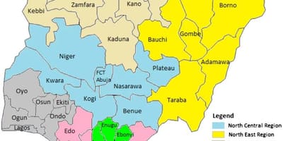 Карта на Нигерия с посочване на геополитически зони