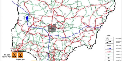 Карта на Нигерия с посочване на пътната мрежа